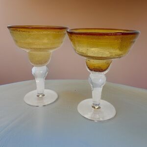 Set of 2 Hand Blown Artland Inc. Iris Amber Margarita Glasses Bubble Clear Stem